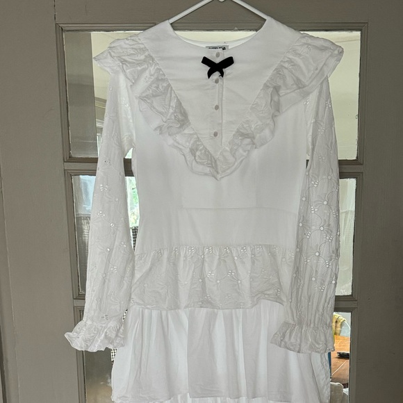 Batsheva White Ruffled Tiered Long Cotton Dress with Black Bow Medium US 6 - Picture 4 of 7